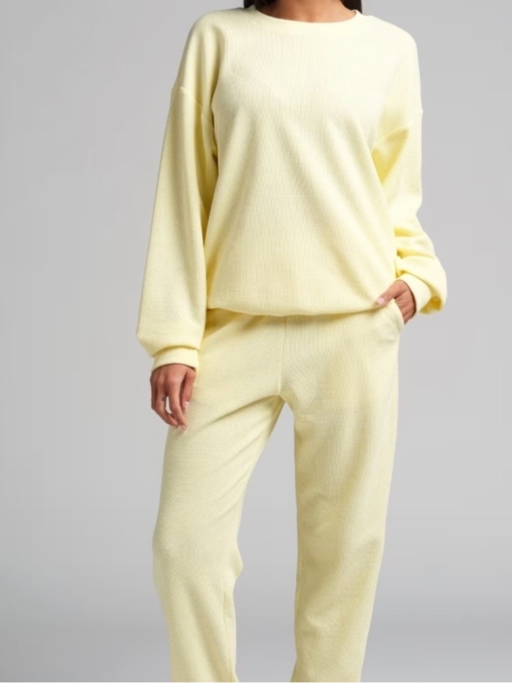 Comfrt Soft Waffle Lounge Set Crewneck Sweatshirt and Lounge Pants Buttercream